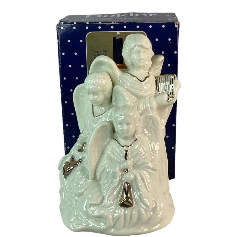 Angel Trio Ceramic Candle Holder White/Gold Christmas Home Decore 6”